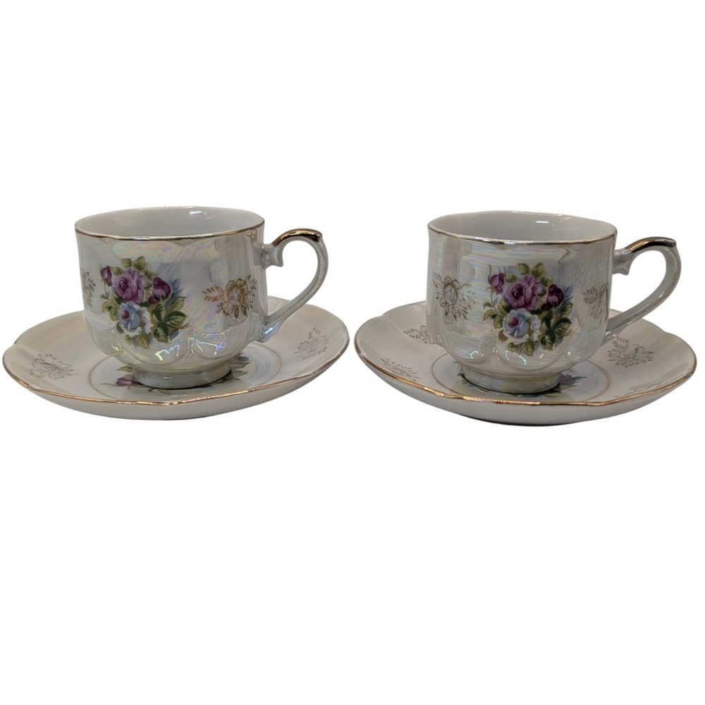 Vintage Seyei Fine China Demitasse Cups and Saucers Iridescent Floral Set of Two